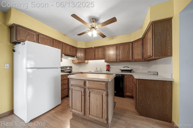 20107 Merle Ct, Eastpointe, MI 48035 - kitchen with freestanding refrigerator, stainless steel range with electric stovetop, under cabinet range hood, dishwasher, and ceiling fan