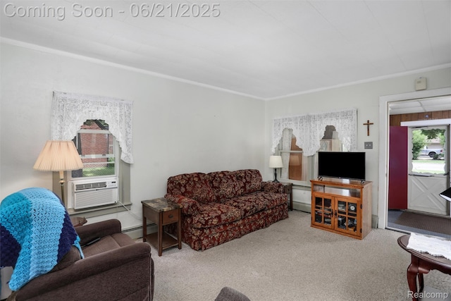 10997 Stark Rd, Livonia, MI 48150 - carpeted living area featuring ornamental molding, baseboard heating, and cooling unit