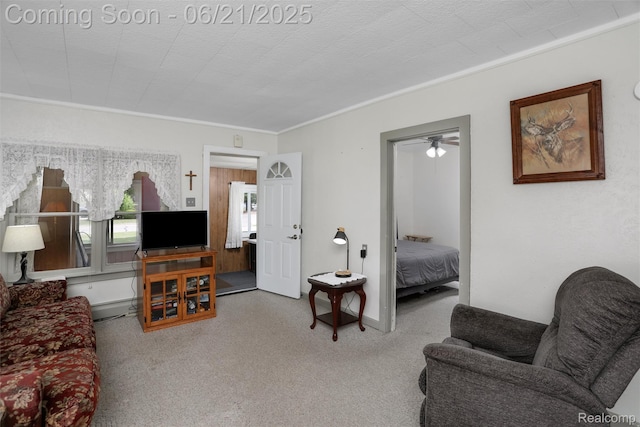 10997 Stark Rd, Livonia, MI 48150 - carpeted living room featuring ornamental molding and ceiling fan