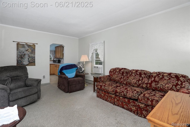 10997 Stark Rd, Livonia, MI 48150 - carpeted living room with ornamental molding, cooling unit, and arched walkways