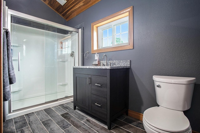 598 Dayburg Rd, Coldwater, MI 49036 - bathroom with wood ceiling, vanity, wood finish floors, a stall shower, and lofted ceiling