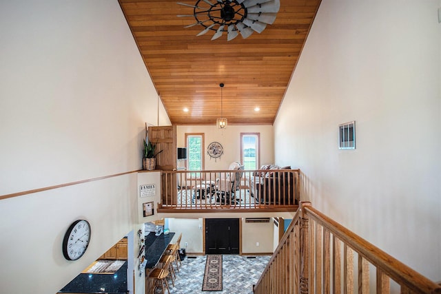 598 Dayburg Rd, Coldwater, MI 49036 - stairs featuring wood ceiling and high vaulted ceiling