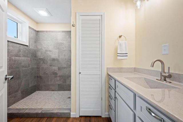 310 Hillview St, Buchanan, MI 49107 - full bath with a closet, vanity, a tile shower, and wood finished floors