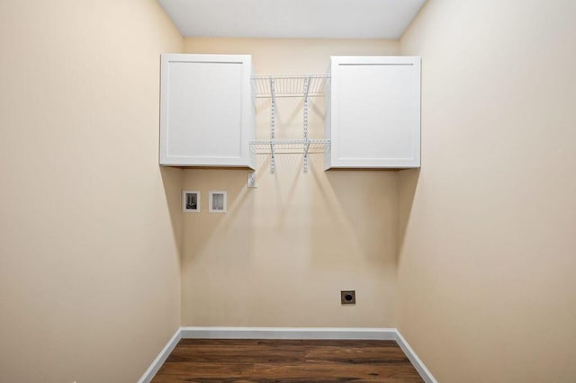 310 Hillview St, Buchanan, MI 49107 - laundry room featuring electric dryer hookup, hookup for a washing machine, cabinet space, and dark wood finished floors