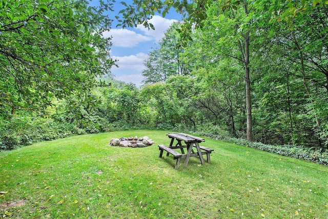 5293 Bartonville Rd, Belding, MI 48809 - view of green lawn featuring a fire pit and a view of trees