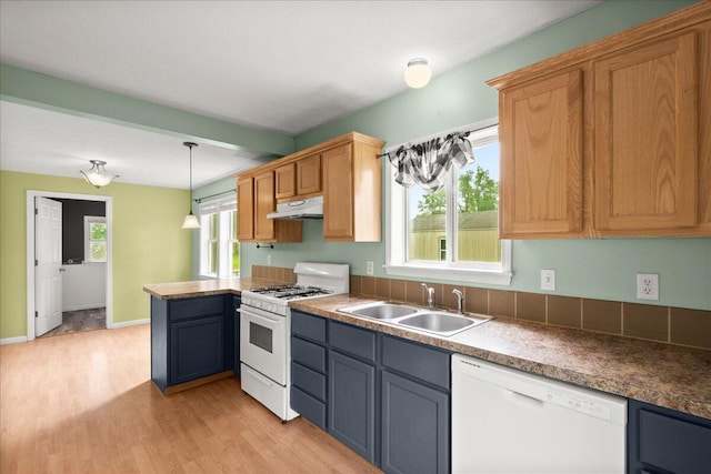 524 Kiddville St, Belding, MI 48809 - kitchen with white appliances, under cabinet range hood, light wood-type flooring, hanging light fixtures, and a peninsula