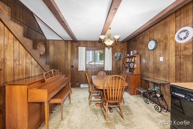 4410 Delaware Rd, Fremont, MI 49412 - carpeted dining room with beamed ceiling, wooden walls, a chandelier, and stairs