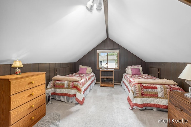 4410 Delaware Rd, Fremont, MI 49412 - carpeted bedroom featuring vaulted ceiling and wooden walls