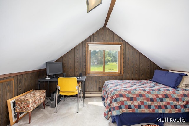 4410 Delaware Rd, Fremont, MI 49412 - bedroom with wooden walls, carpet floors, lofted ceiling, and a baseboard radiator