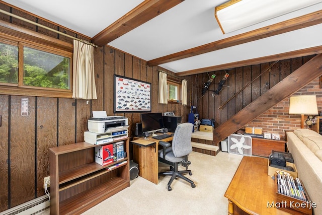 4410 Delaware Rd, Fremont, MI 49412 - carpeted office space featuring wooden walls, beam ceiling, and a baseboard heating unit