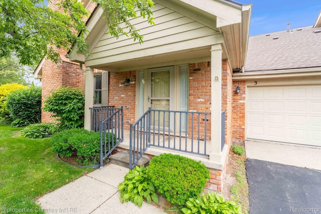3 Cornell Ct Unit 27, Dearborn, MI 48124 - property entrance featuring brick siding, an attached garage, a lawn, and roof with shingles