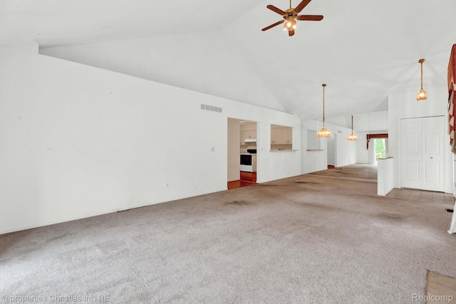 3 Cornell Ct Unit 27, Dearborn, MI 48124 - unfurnished living room featuring carpet flooring, a ceiling fan, and high vaulted ceiling