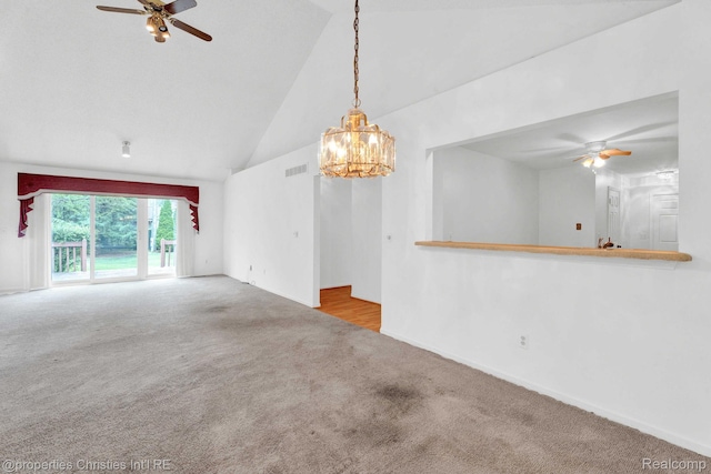 3 Cornell Ct Unit 27, Dearborn, MI 48124 - unfurnished living room featuring ceiling fan, carpet, a chandelier, and high vaulted ceiling