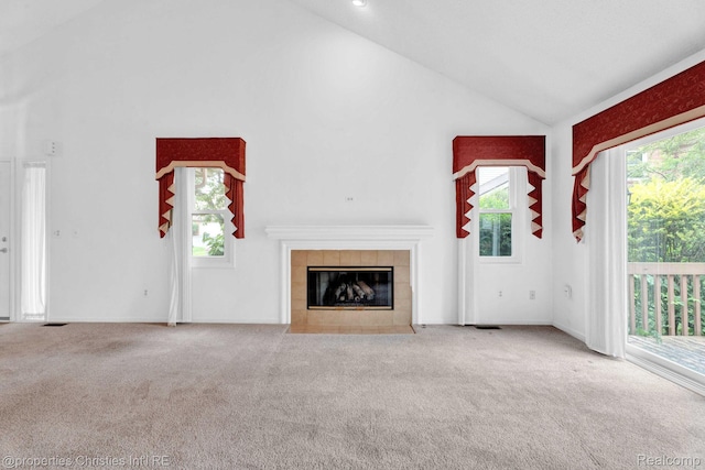 3 Cornell Ct Unit 27, Dearborn, MI 48124 - unfurnished living room featuring high vaulted ceiling, carpet, and a fireplace