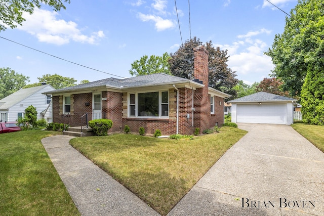 1665 7th St NW, Grand Rapids, MI 49504 - view of front of house with a detached garage, a chimney, brick siding, an outbuilding, and a front yard