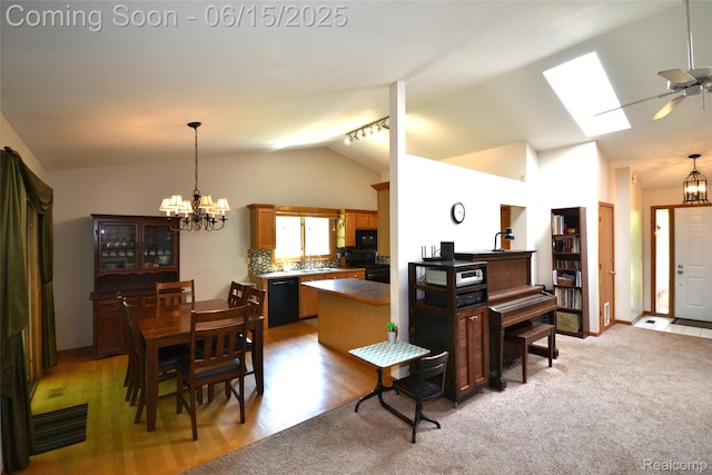 10010 Orchard Ridge Ct, Holly, MI 48442 - kitchen featuring a chandelier, lofted ceiling, black dishwasher, decorative backsplash, and a ceiling fan