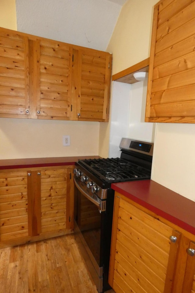 552 W Main St, Niles, MI 49120 - kitchen featuring stainless steel range with gas stovetop, light wood-style flooring, and vaulted ceiling