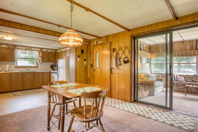 8182 Hardy Dr, Newaygo, MI 49337 - dining space featuring a textured ceiling, light carpet, and wood walls