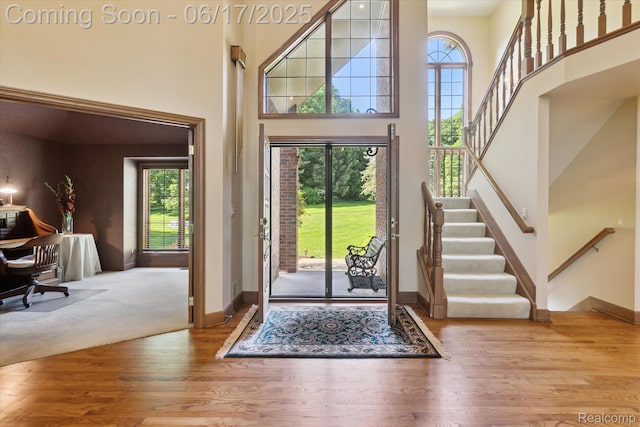 2020 Pine Hollow Trl, Brighton, MI 48114 - entrance foyer with a high ceiling, healthy amount of natural light, wood finished floors, and stairs