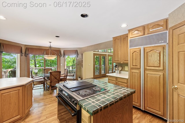 2020 Pine Hollow Trl, Brighton, MI 48114 - kitchen featuring paneled fridge, black electric range, healthy amount of natural light, light wood-type flooring, and recessed lighting