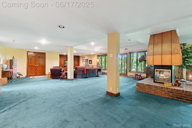 2020 Pine Hollow Trl, Brighton, MI 48114 - living room featuring a fireplace, carpet, and recessed lighting