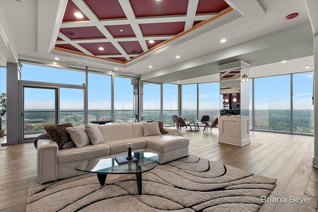 335 Bridge St NW Unit 3102, Grand Rapids, MI 49504 - living area with coffered ceiling, healthy amount of natural light, light wood-style flooring, expansive windows, and recessed lighting