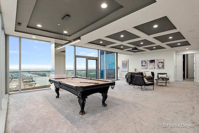 335 Bridge St NW Unit 3102, Grand Rapids, MI 49504 - playroom with light carpet, recessed lighting, billiards, coffered ceiling, and beamed ceiling