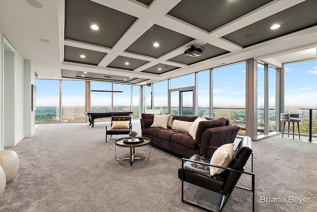 335 Bridge St NW Unit 3102, Grand Rapids, MI 49504 - living area featuring a wall of windows, carpet, coffered ceiling, beamed ceiling, and recessed lighting