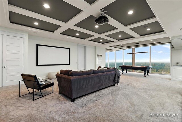 335 Bridge St NW Unit 3102, Grand Rapids, MI 49504 - carpeted home theater with coffered ceiling, billiards, and beam ceiling