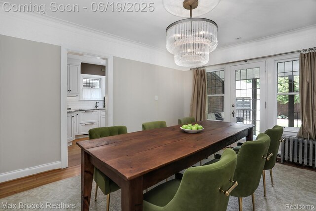 11 Sylvan Ave, Pleasant Ridge, MI 48069 - dining area with crown molding, a chandelier, radiator, and light wood-type flooring