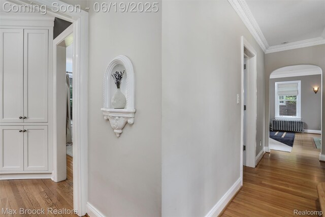 11 Sylvan Ave, Pleasant Ridge, MI 48069 - hall featuring radiator heating unit, arched walkways, ornamental molding, and light wood-style flooring
