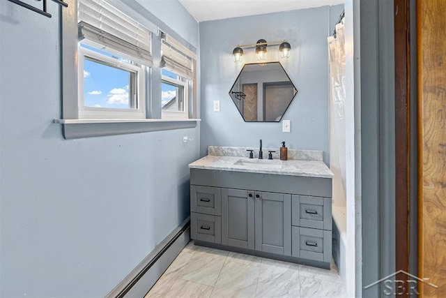 490 W Wilder Rd, Auburn, MI 48611 - bathroom with vanity, marble look tiles, and shower / tub combo