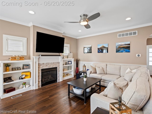 2213 Beverly Blvd, Berkley, MI 48072 - living area featuring ceiling fan, a fireplace, crown molding, wood finished floors, and recessed lighting