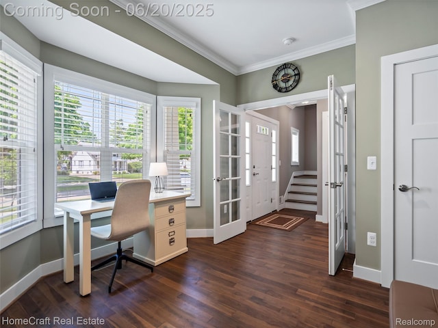 2213 Beverly Blvd, Berkley, MI 48072 - office area with crown molding, dark wood-style flooring, and french doors