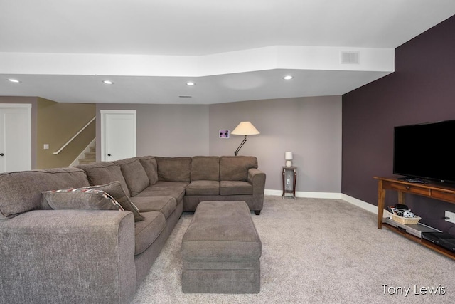 2331 Deer Trail Dr NE, Grand Rapids, MI 49505 - living room with recessed lighting, light colored carpet, and stairs