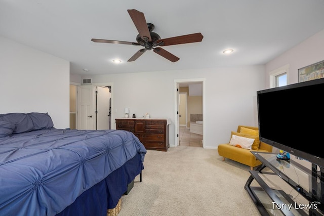 2331 Deer Trail Dr NE, Grand Rapids, MI 49505 - bedroom with light carpet, recessed lighting, ensuite bathroom, and a ceiling fan