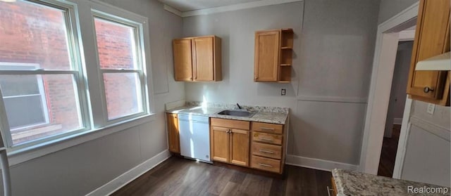 3014 Sturtevant St, Detroit, MI 48206 - kitchen featuring white dishwasher, dark wood-style floors, open shelves, light stone counters, and brown cabinets