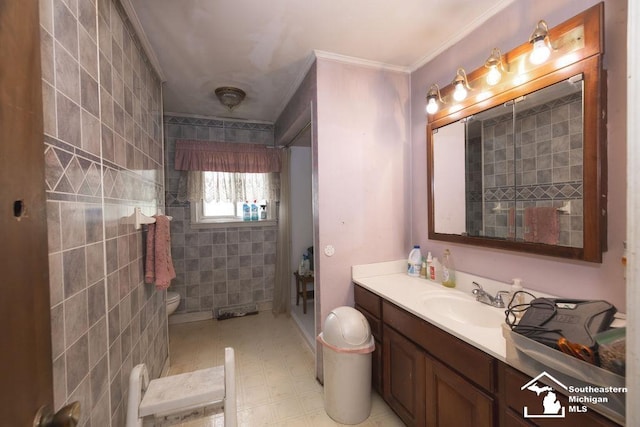 6200 Jackman Rd, Temperance, MI 48182 - bathroom with vanity, crown molding, tile patterned floors, and a shower