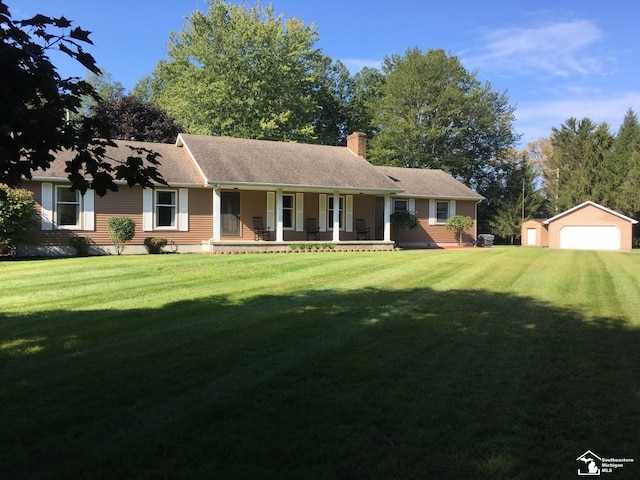8735 Whiteford Center Rd, Ottawa Lake, MI 49267 - ranch-style house with covered porch, a detached garage, a front yard, a chimney, and an outbuilding