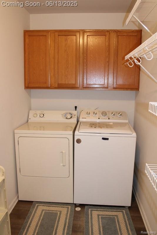 23413 Williamsburg Cir Unit 12, Woodhaven, MI 48183 - laundry area featuring washing machine and clothes dryer, cabinet space, and dark wood-style floors