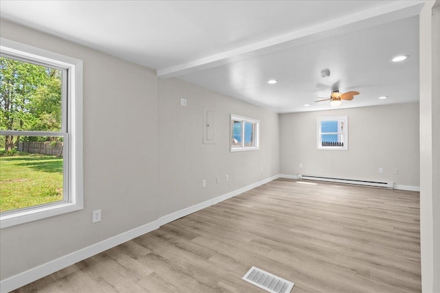 1178 Drent Rd, Muskegon, MI 49442 - empty room with a baseboard heating unit, recessed lighting, light wood-style floors, and a ceiling fan