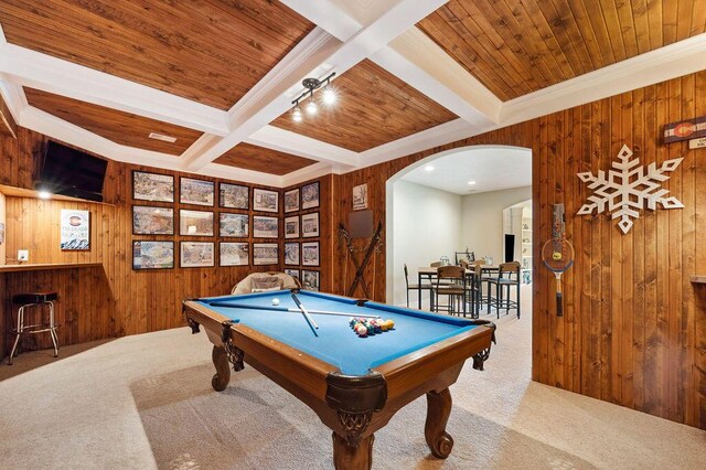 2753 Colton Dr, Berrien Springs, MI 49103 - game room with carpet flooring, wood walls, arched walkways, a wooden ceiling with exposed beams, and billiards