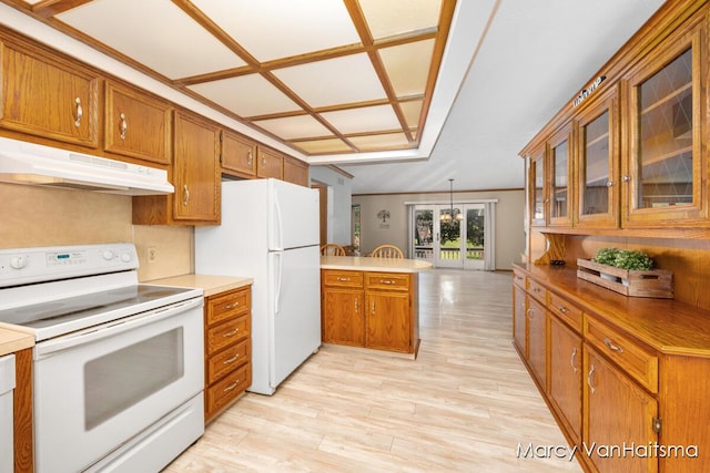 1861 Elizabeth Ln E, Jenison, MI 49428 - kitchen featuring white appliances, under cabinet range hood, a peninsula, brown cabinetry, and glass insert cabinets