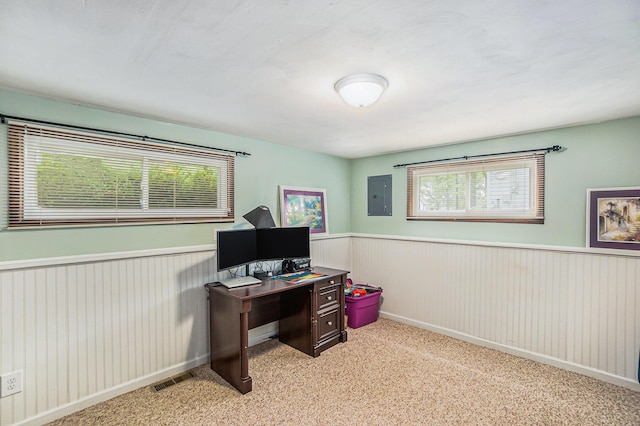 3923 Perry Ave SW, Wyoming, MI 49519 - home office with electric panel, plenty of natural light, wainscoting, and light carpet