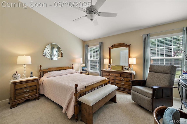 372 Four Seasons Dr, Lake Orion, MI 48360 - bedroom featuring light colored carpet, lofted ceiling, and a ceiling fan
