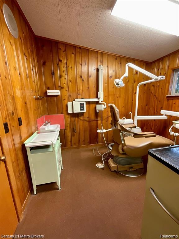 106 N Marquette St, Durand, MI 48429 - miscellaneous room featuring wood walls and carpet floors