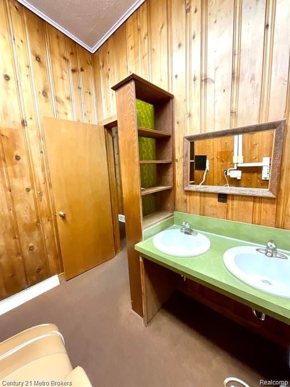 106 N Marquette St, Durand, MI 48429 - bathroom featuring wood walls and double vanity