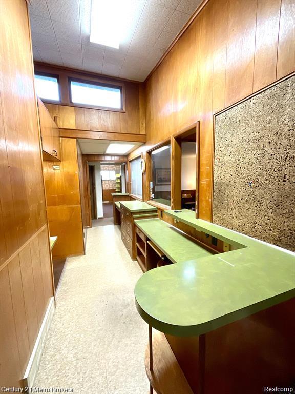 106 N Marquette St, Durand, MI 48429 - corridor with wood walls and carpet floors