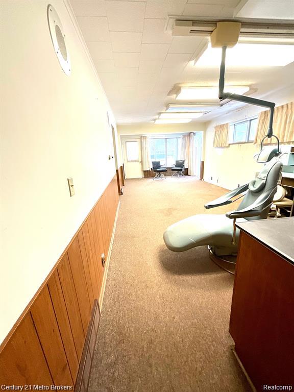 106 N Marquette St, Durand, MI 48429 - corridor featuring carpet flooring and wainscoting