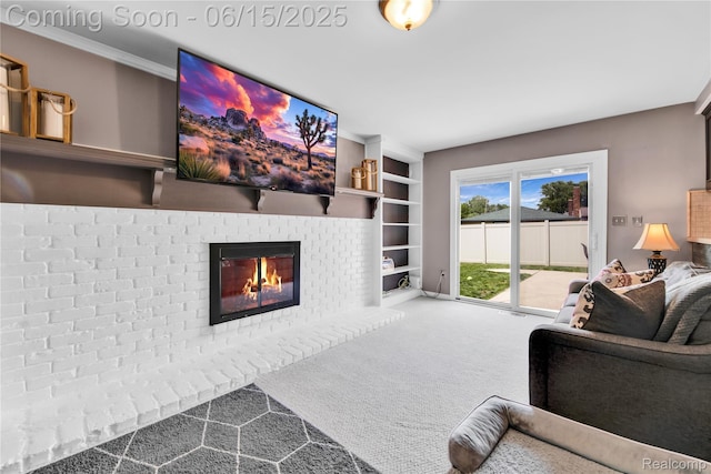 22086 Hillcrest Ct, Woodhaven, MI 48183 - carpeted living area with a brick fireplace